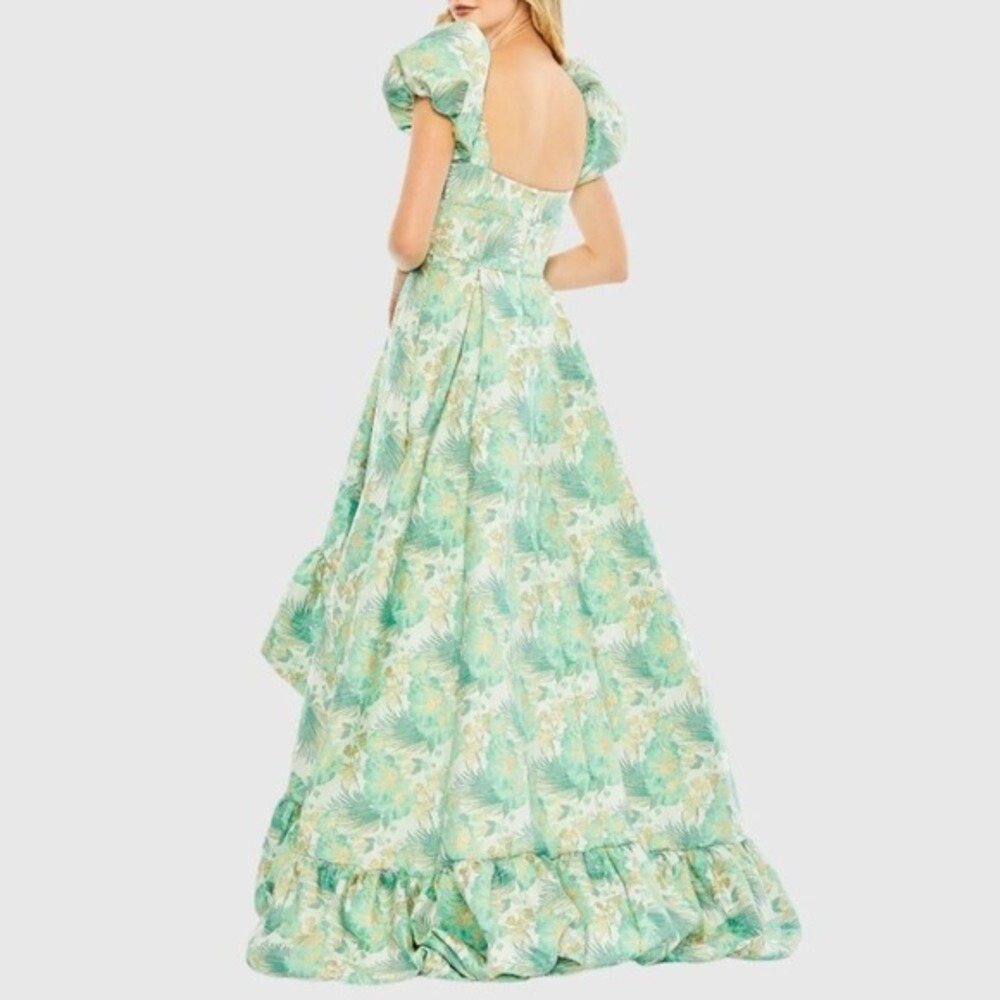 Mac Duggal Size 4 Green Gold Floral Brocade Ruffled Bubble Hem Gown Maxi Dress - Picture 5 of 6